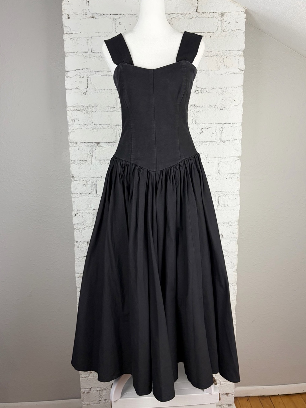 Damazon Black Smocked Circle Skirt Full Midi Dress Tank Strapless Cotton 12